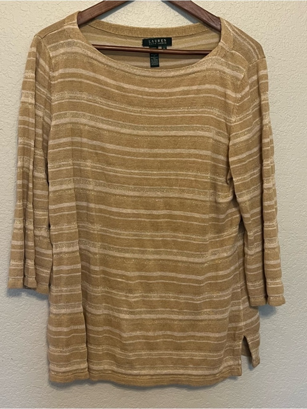 Lauren Ralph Lauren Tan Striped Shimmer Knit Linen Silk Blend Top Size XL